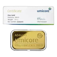 Umicore 100 Gram Gold Bar