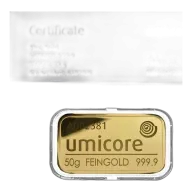Umicore 50 Gram Gold Bar