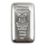100g Silver Fitzroy Bullion 9999 Fine Cast Bar, Produced by SMP Birmingham