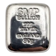 50g SMP Bullion 999 Fine Silver Bullion Cast Bar, Made in Birmingham