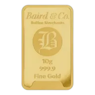 10g 9999 Gold Bullion Minted Bar made by Baird and Co London in Assay Card