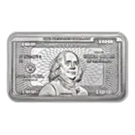 10 oz Silver Bar - Ben Franklin $100 Bill Design