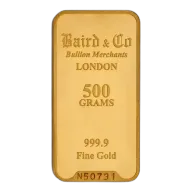 500g Baird & Co 999.9 Fine Gold Bar Minted