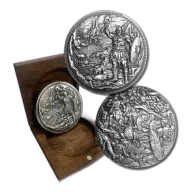 5 oz .999 Fine Silver - Baby Dragon vs Vikings Ultra High Relief Fantasy Round with Walnut Box