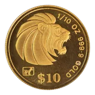 1991 1/10 oz Singapore Gold Lion Bullion Coin